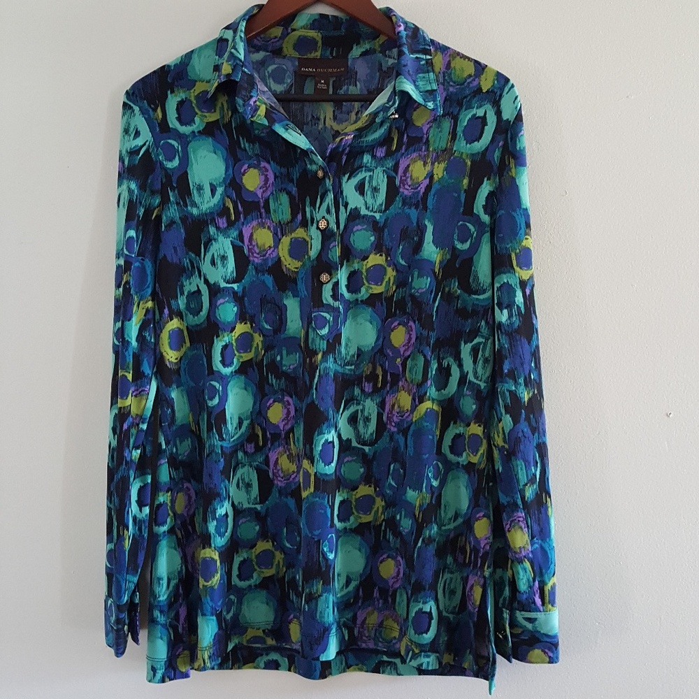 Dana Buchman blue green pop over blouse size M